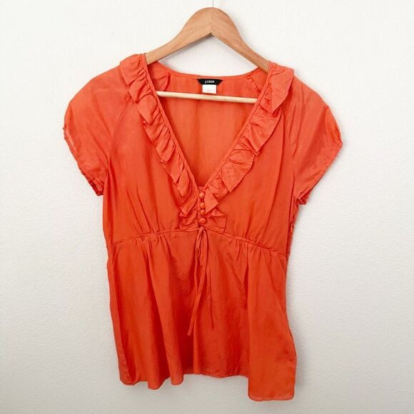 J.CREW | Black Label Orange Silk Blend Ruffle Button Peasant Blouse Silk | 6 - Picture 2 of 7